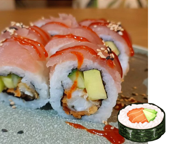 A plate featuring the Tropical Roll, a weekly premium uramaki with mango, tuna, cucumber, and sriracha.