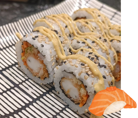 A plate featuring the Prawn Katsu roll, a weekly premium uramaki with prawn katsu, mayo, carrots, ginger, and sesame seeds.