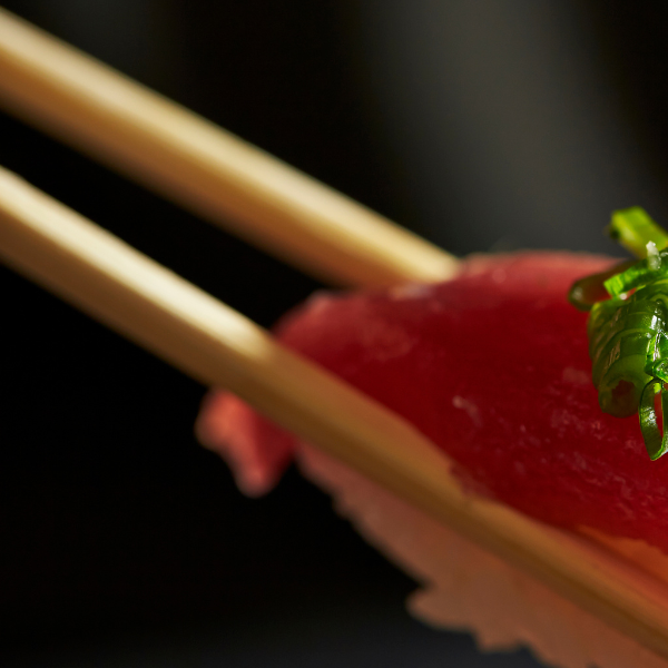 Chopsticks picking up a tuna nigiri sushi.